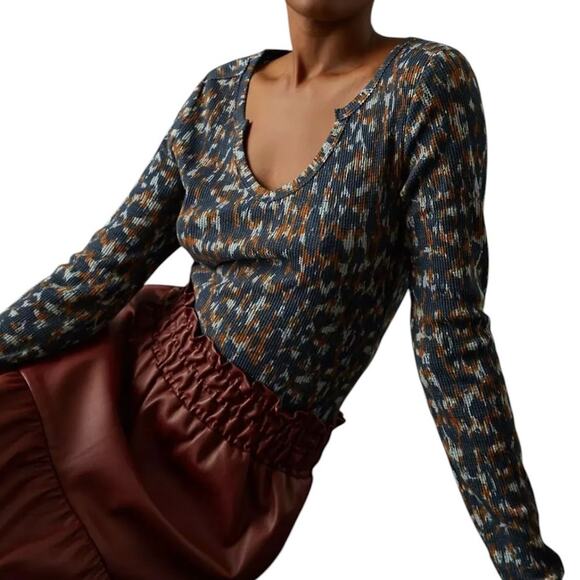 Anthropologie Tops - Anthropologie Pilcro Blue Notched Neck Waffle Knit Thermal Long Sleeve Top